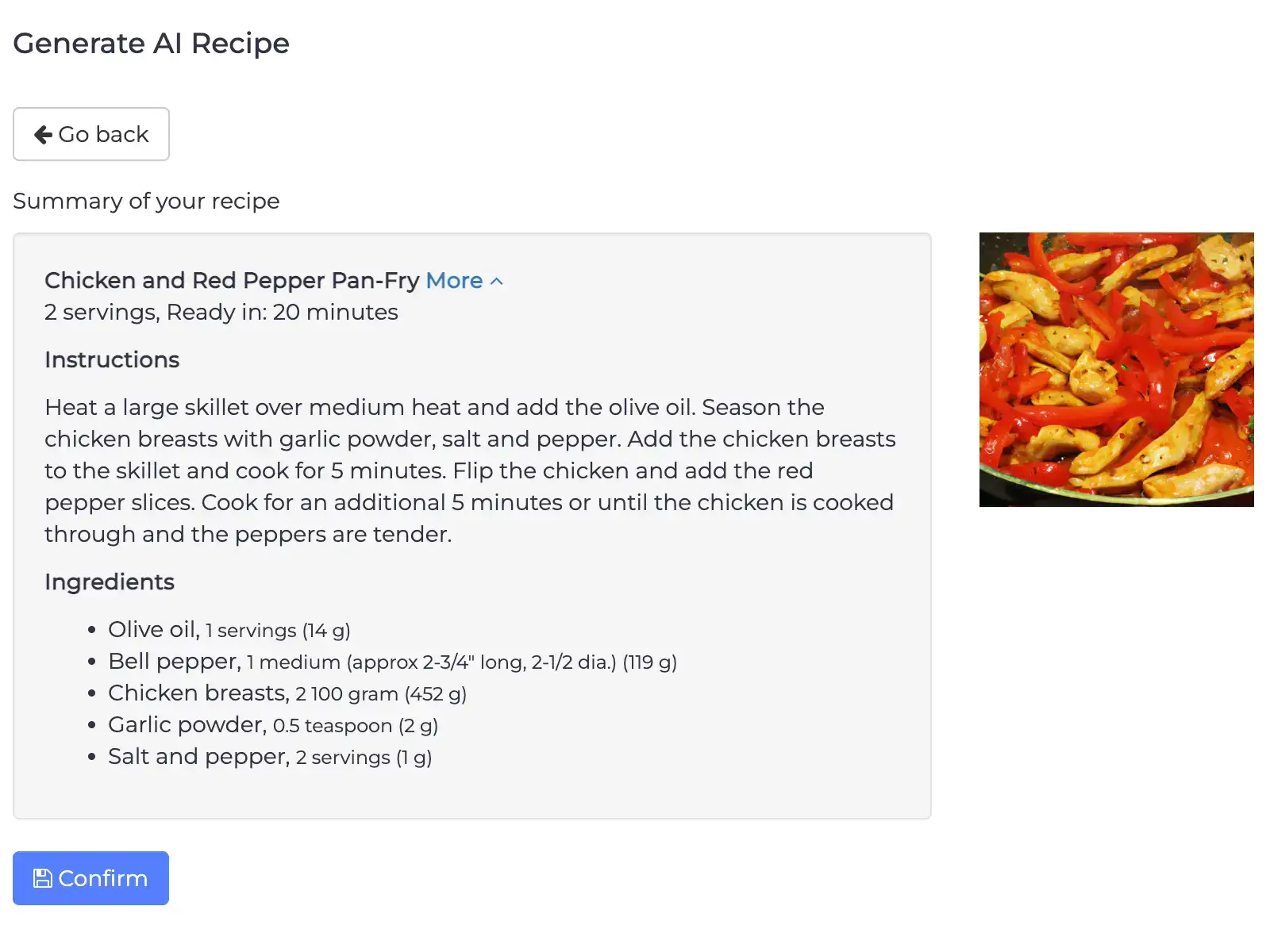Confirm AI recipe result